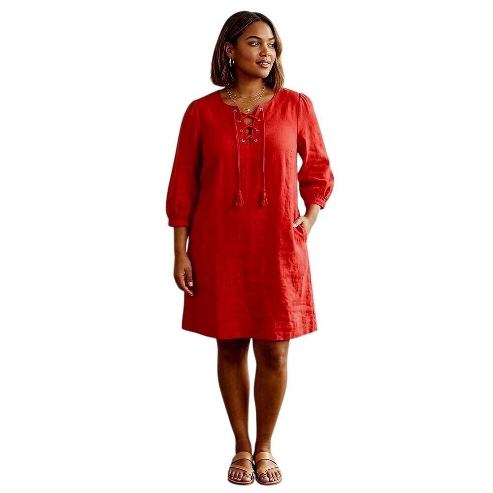 Who What Wear Poppy Red Linen Shift Dress – Lace-Up Split Neck & Pockets